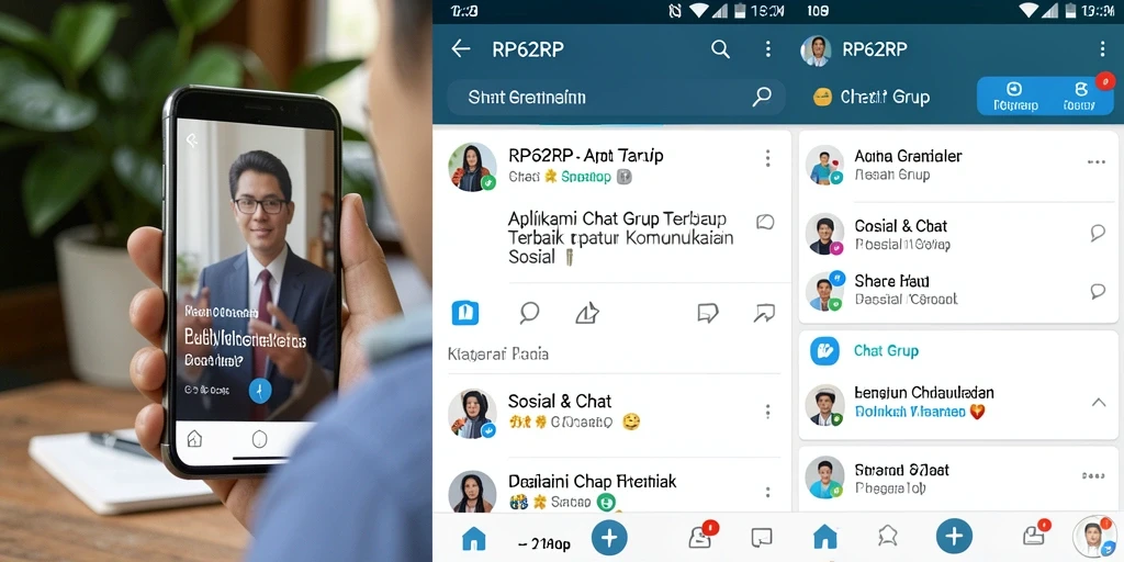 Antarmuka aplikasi RP62RP menunjukkan fitur Chat Grup yang menarik dan interaktif.