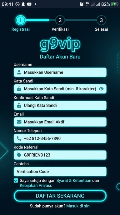 Tampilan halaman daftar g9vip